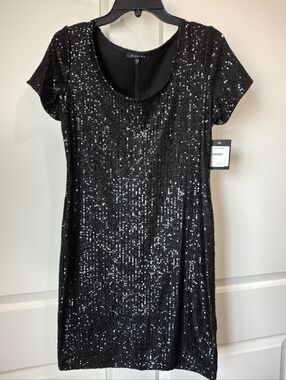 MARINA Elegant Black Sequin Short Sleeve Mini Dress Scoop Neck Size 6